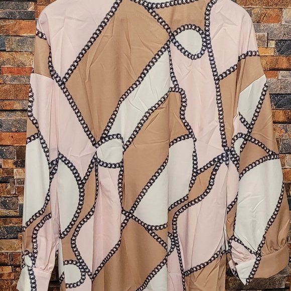 Chain Link Pattern Design Mini Long Sleeve Casual Shirt Dress, Sexy Top (S-2XL) - Picture 3 of 4